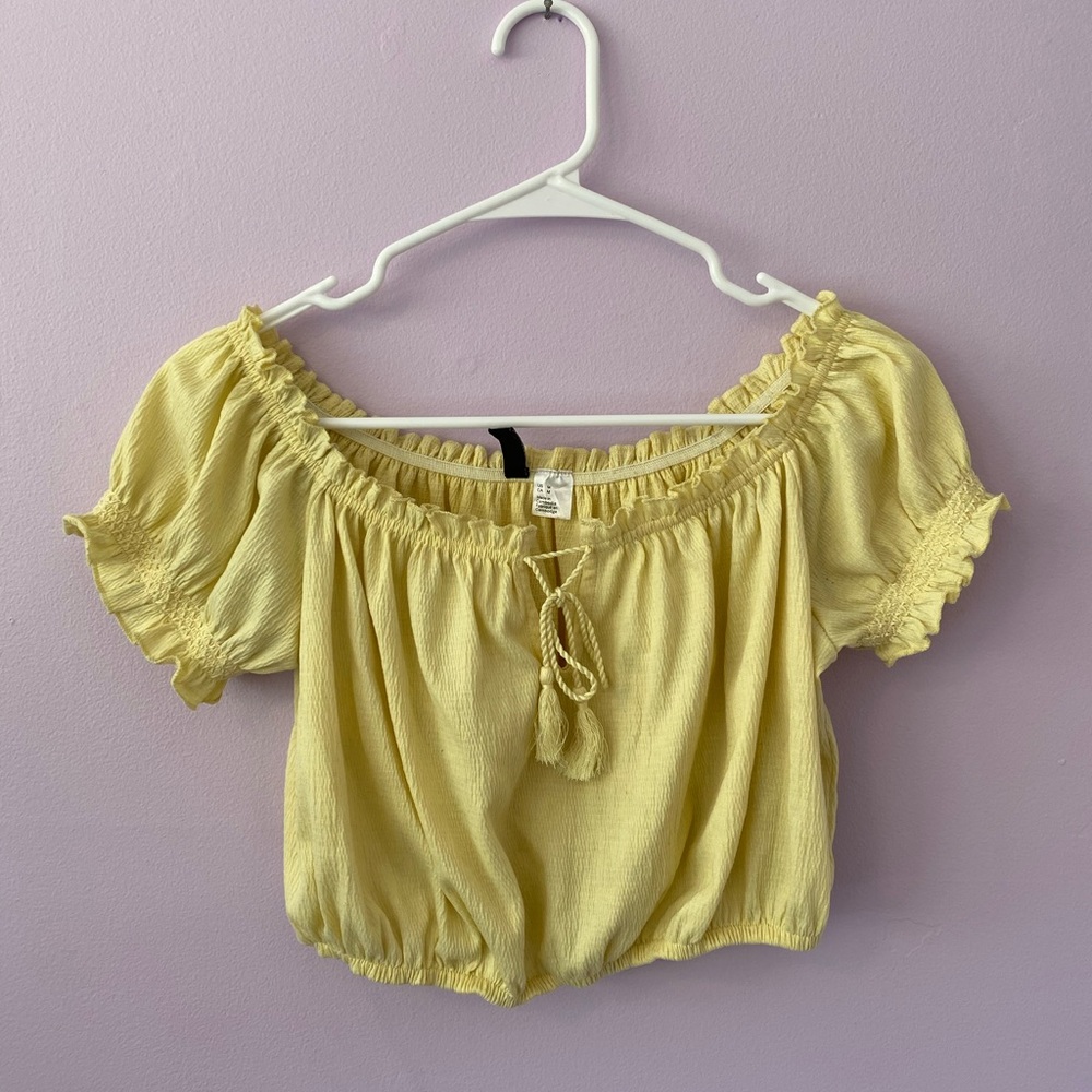 Yellow off the shoulder blouse with drawstring